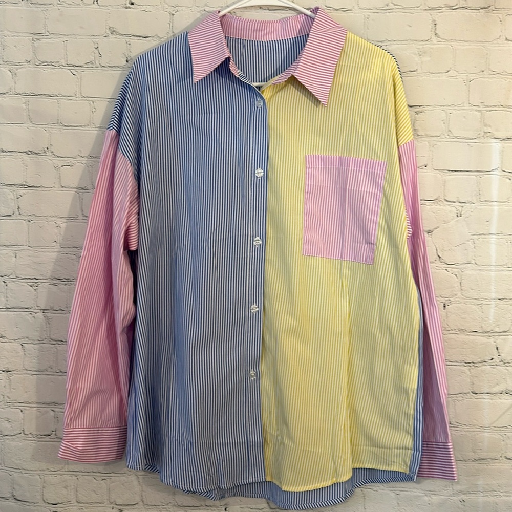 Amazon New color block pinstriped button down shirt